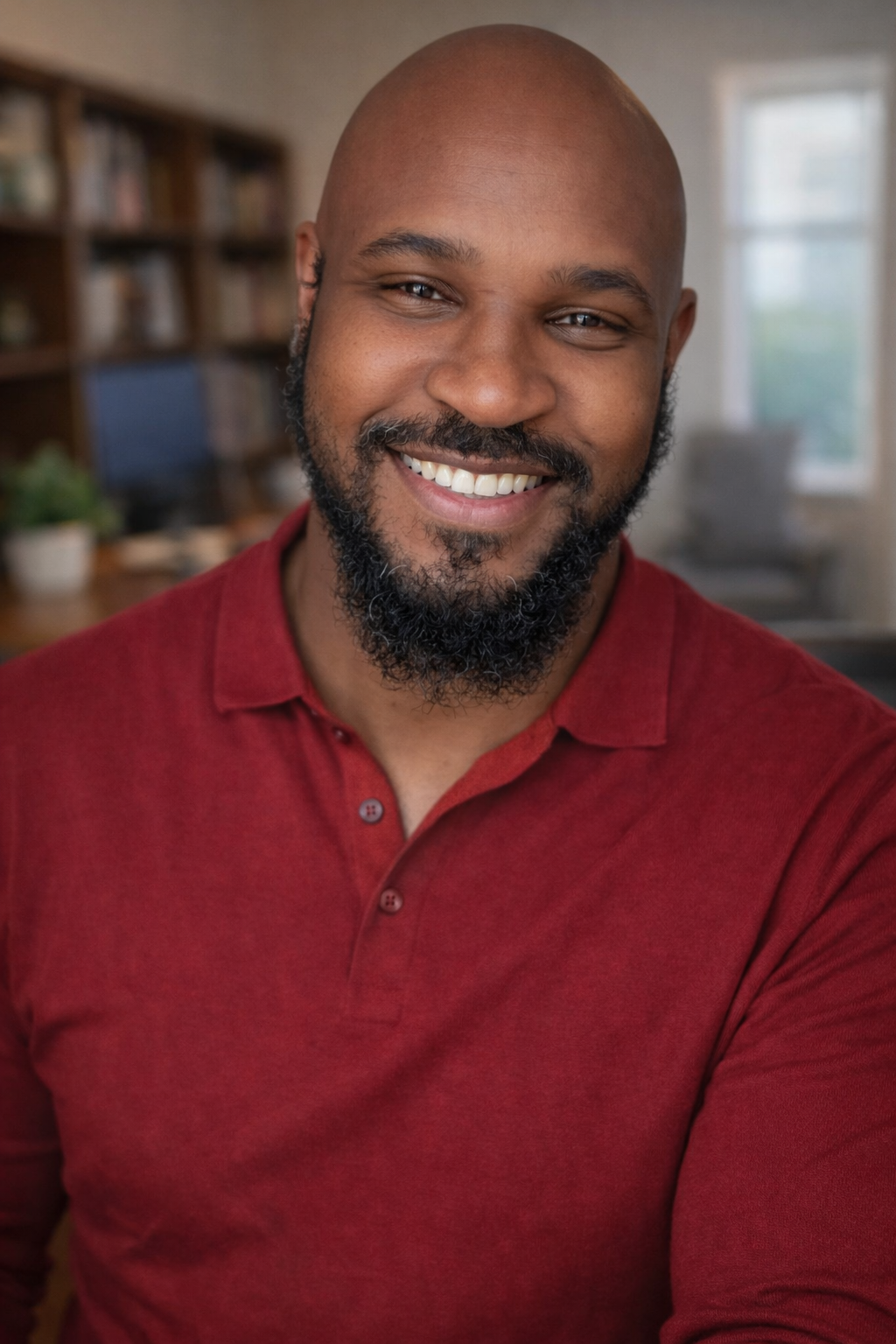 Corey L Weathers smiling in a red shirt.